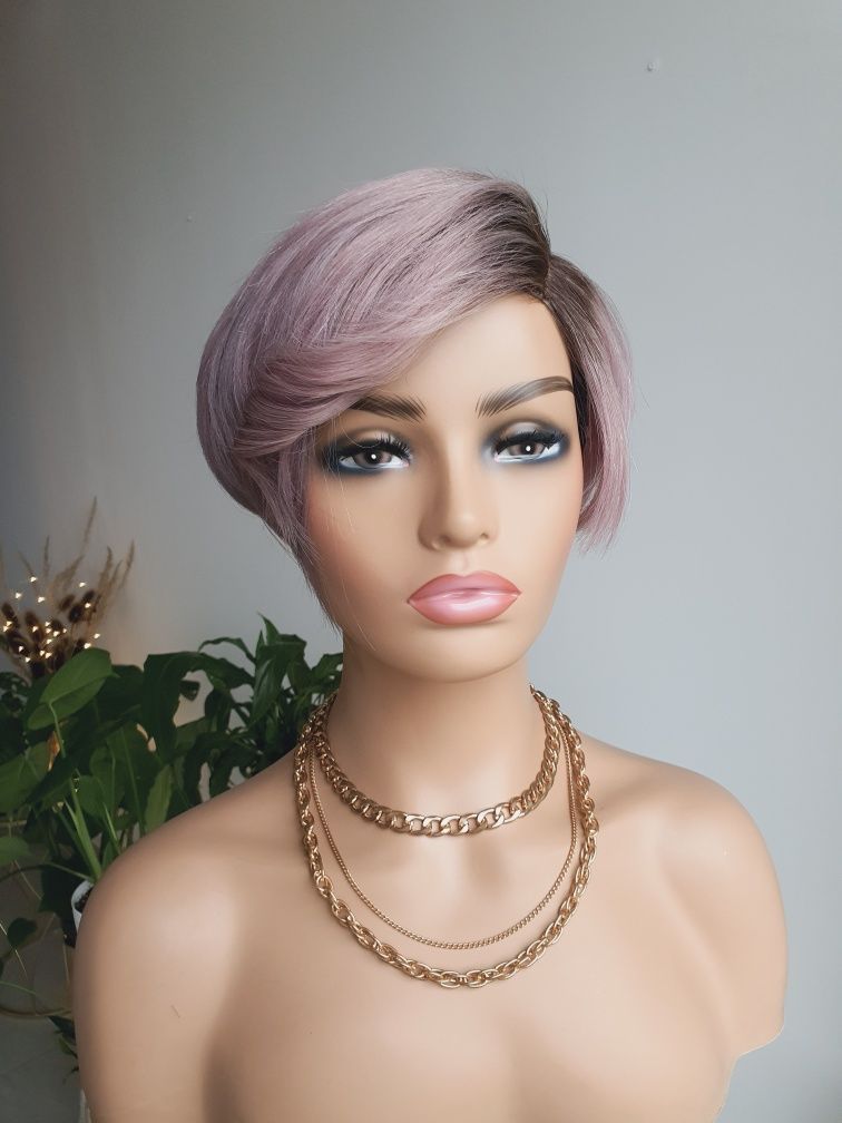 Peruka z włosów naturalnych blond szary fiolet pastelowy róż Felicja