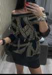 Elegancka bluzka w geometryczne wzory oversize wstawki ekoskóra roz S