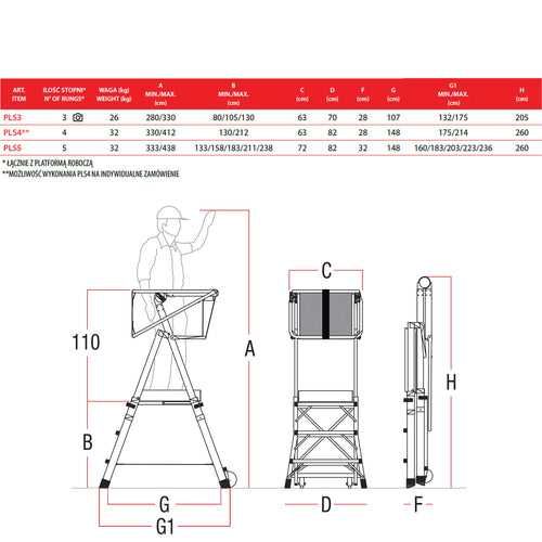 Podest roboczy 130/238cm 5 stopni PLS5 drabina teleskopowa regulowana