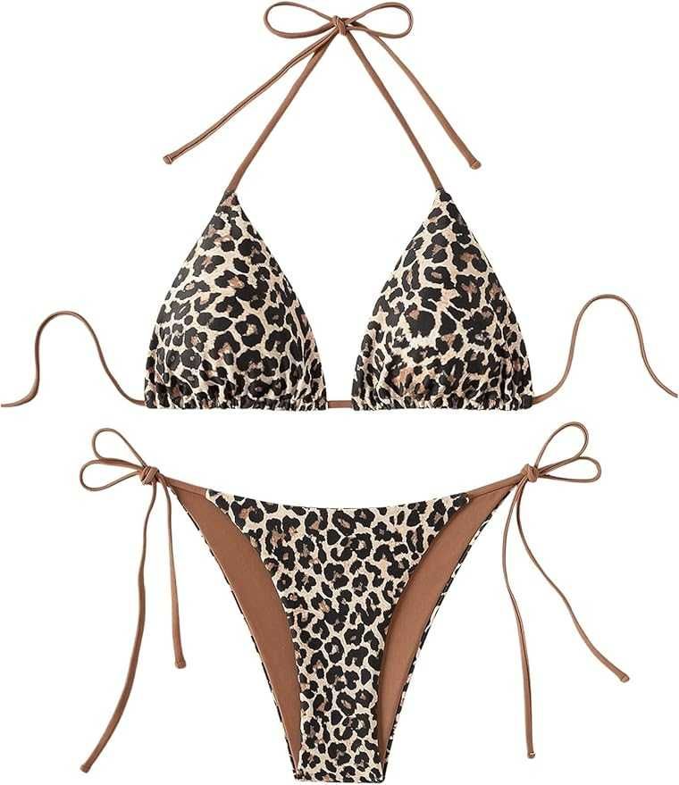 Bikini damskie panterka halter sznurowane plecy stringi lato rozmiar M