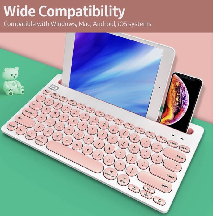 Teclado sem fio BT com teclas redondas. Suporte para 3 dispositivos