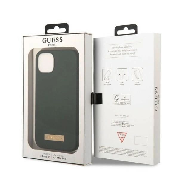 Etui Guess Silicone Logo Plate MagSafe na iPhone 13 - zielone
