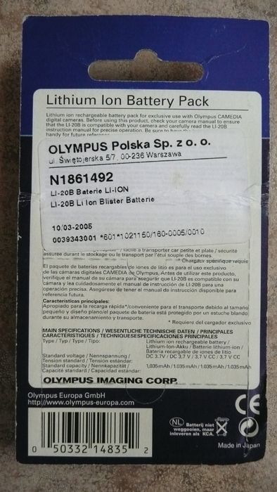 oryginalny japoński akumulator olympus LI-20b NP-60