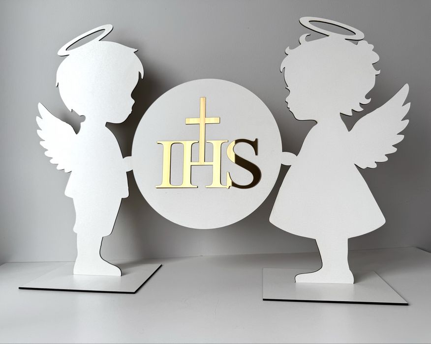 Aniołki komunijne hostia IHS pleksi złoty napis dekoracje sali