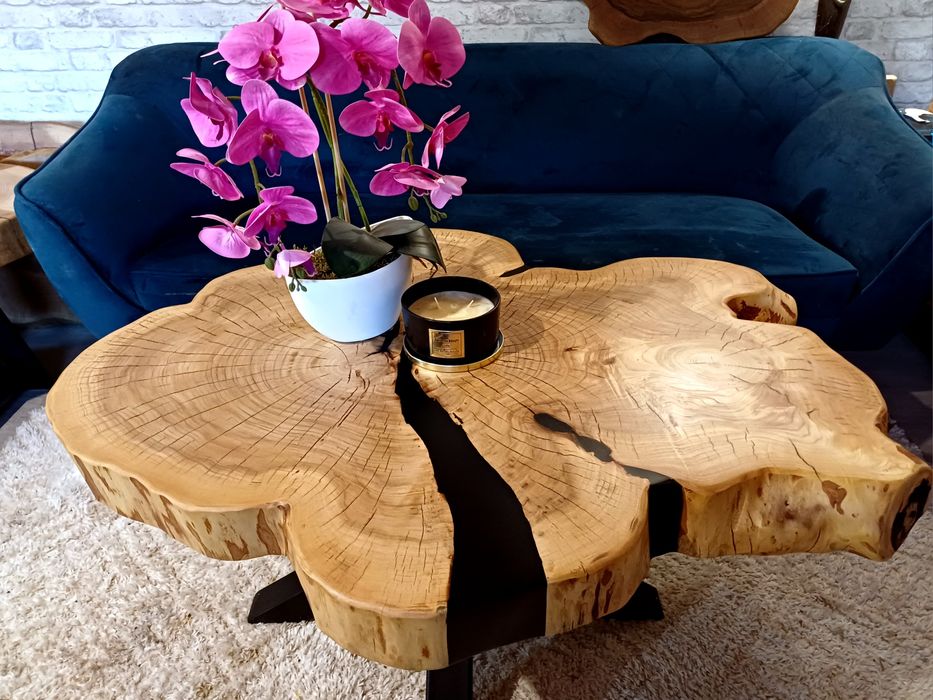 Stolik kawowy 105x83cm PIĘKNY OKAZ LIVE EDGE plaster drewna loft
