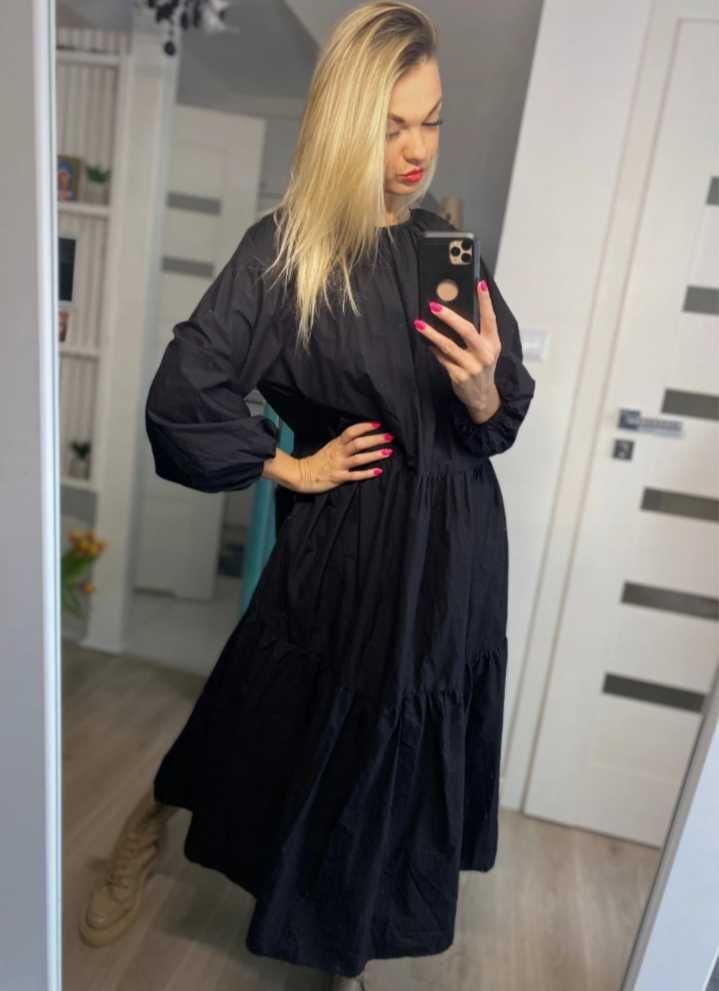H&M dluga czarna luzna obszerna oversize sukienka bawelniana boho L/XL