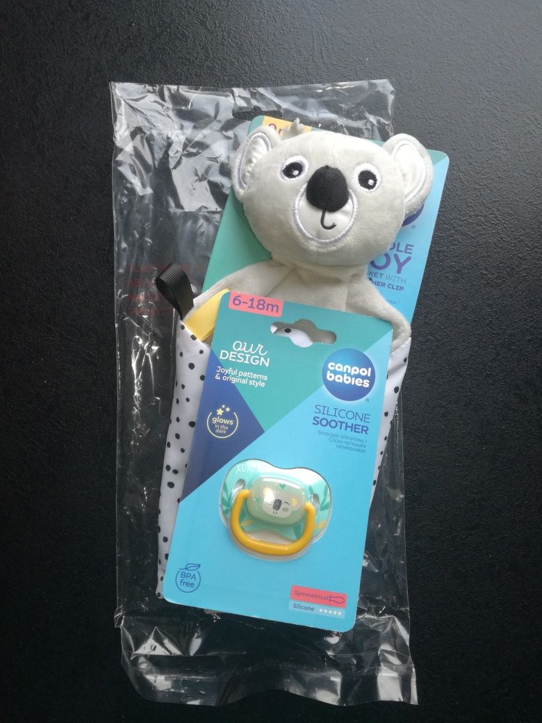 Nowy zestaw Canpol Babies świecący smoczek 6-18 zawieszka- kocyk koala