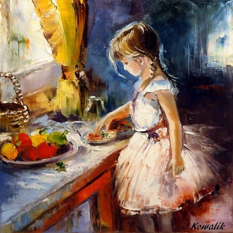 Kowalik - " Jabłuszka II " 30x30cm obraz olejny dziewczynka