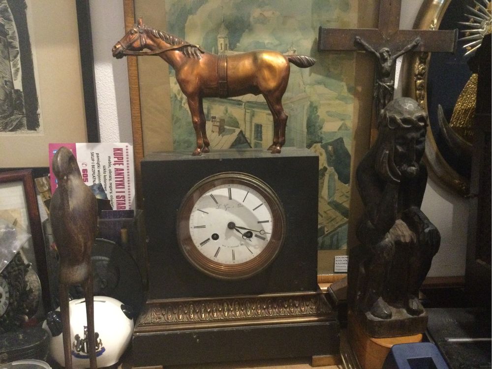 Zegar kominkowy z koniem,brąz zlocony,XIX w,antyk,zabytek