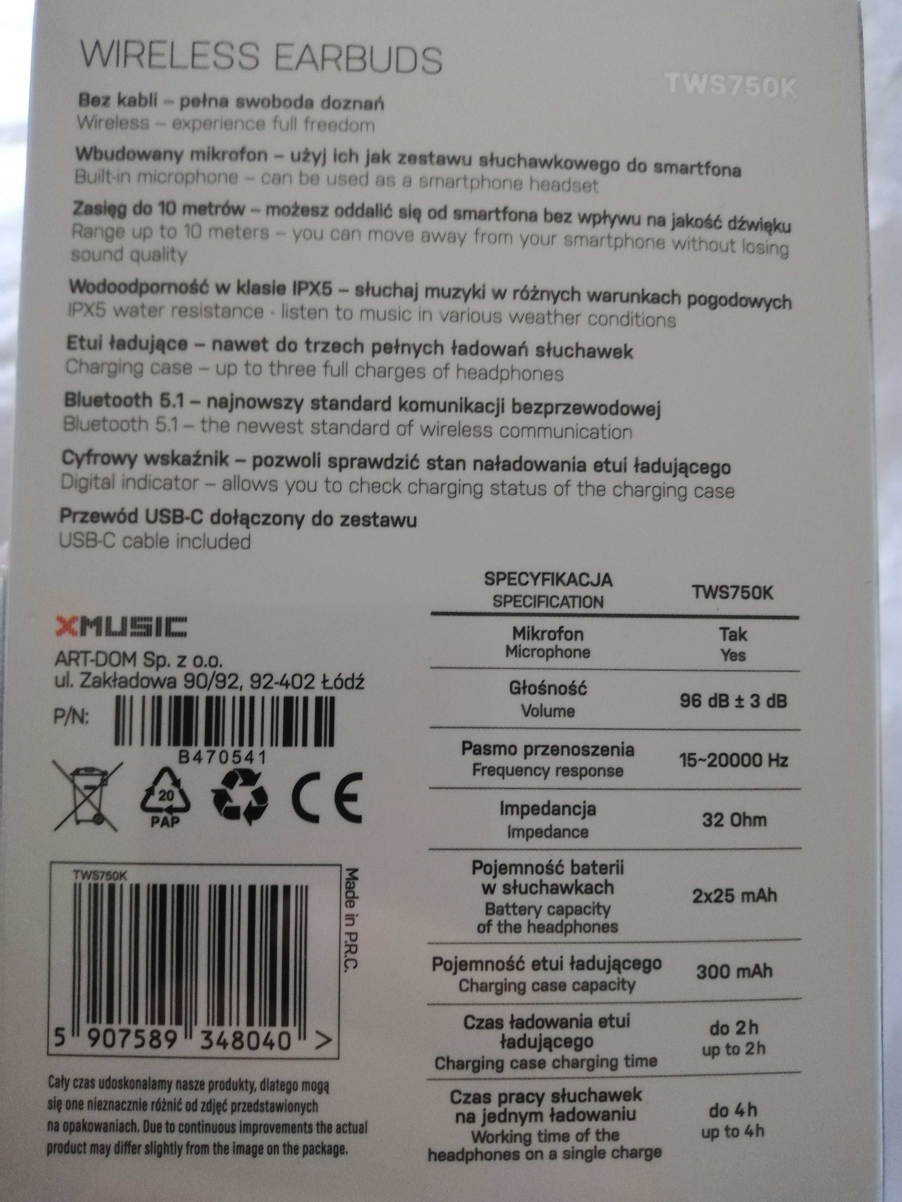 Słuchawki bezprzewodowe z ladowarka i mikrofonem IPX5 nowe TWS750K