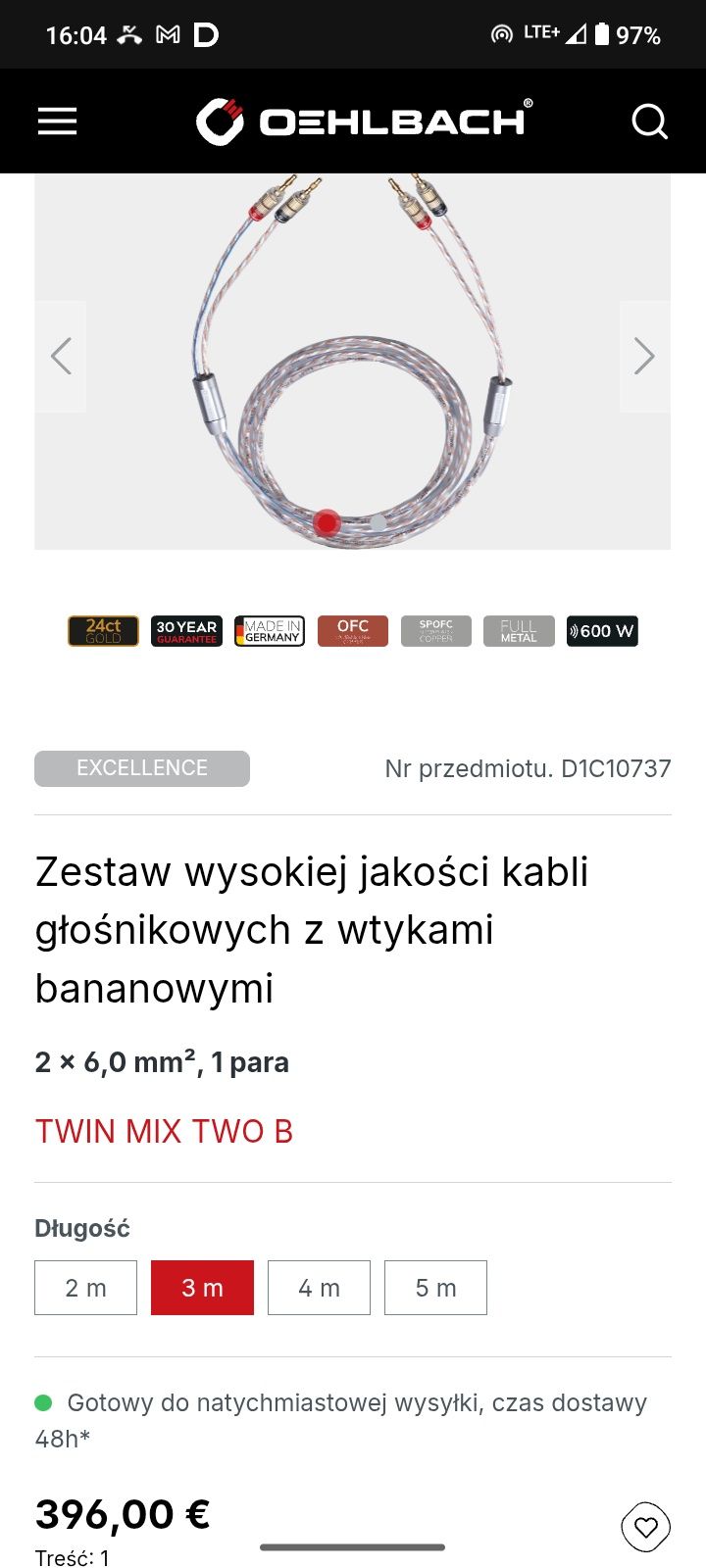 Kable głośnikowe Oehlbach 2 x 3m Banany
