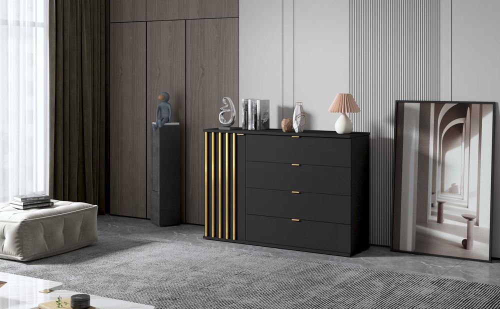 DUŻA komoda do salonu CZARNE złote uchwyty lamele 120 cm z szufladami