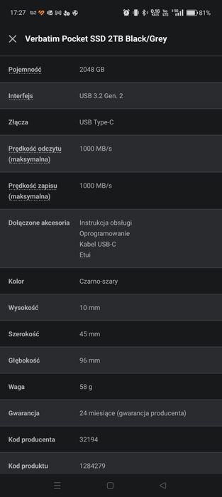 Nowy dysk twardy Verbatim Pocket SSD 2TB Black/Grey