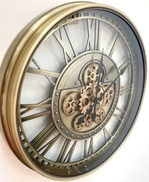 Mechaniczny zegar 50cm Złoty  ścienny, ruchome przekładnie, duży metal