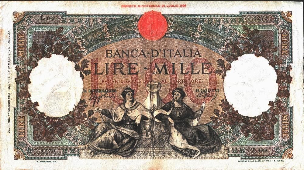 NOTA DE 1000 LIRE Banca D´itália DECR. MIN. 17 Maggio 1943 ANNO XXI