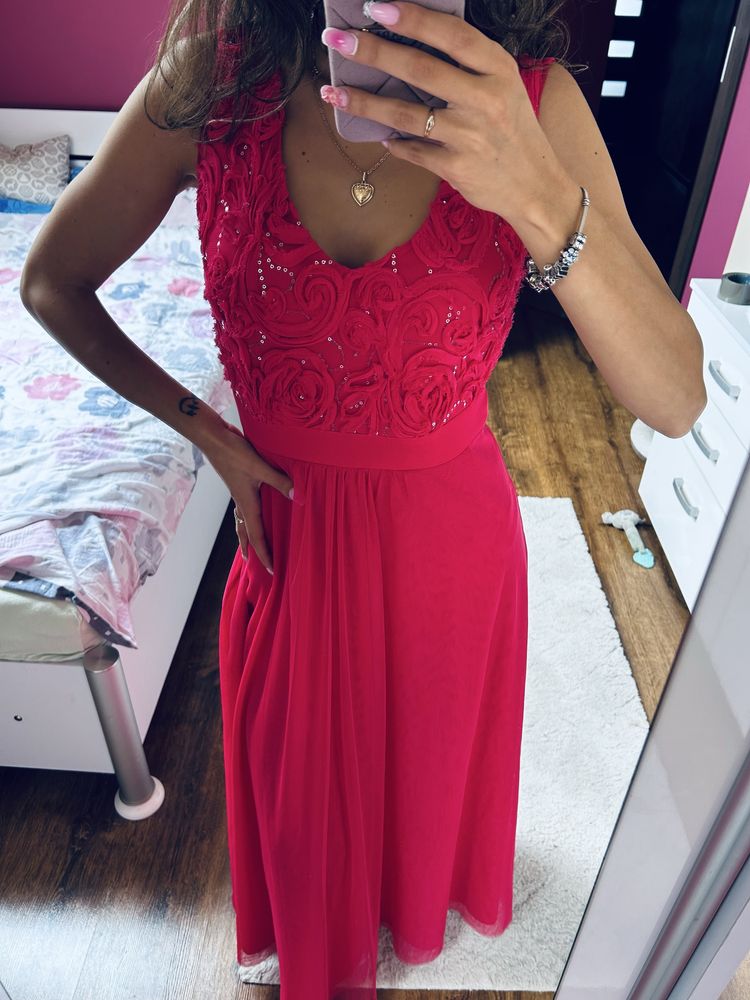 Sukienka maxi długa malinowa zdobiona wiązanie s cekiny tiulowa butik