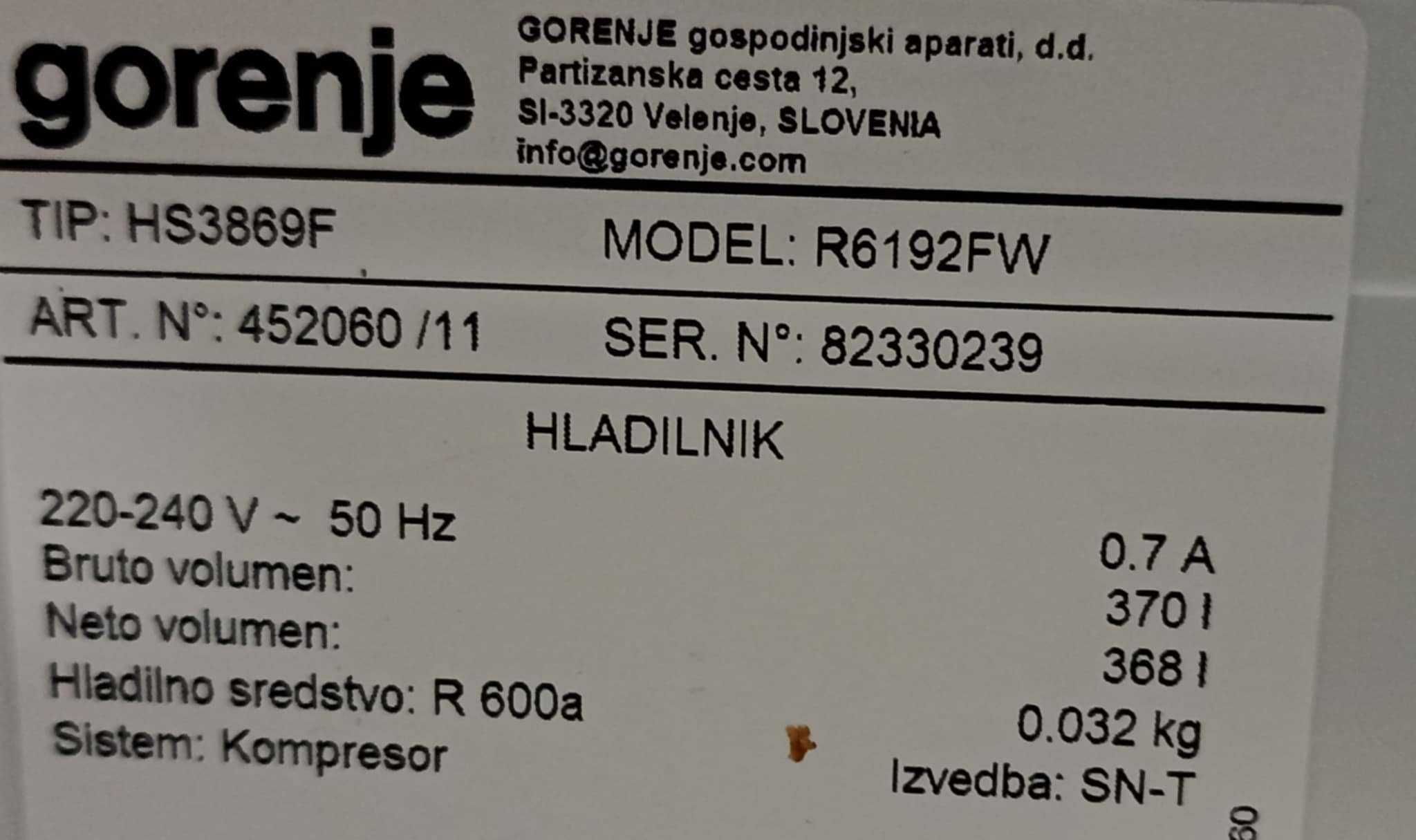 Chłodziarka Gorenje  NoFrost -370 l.