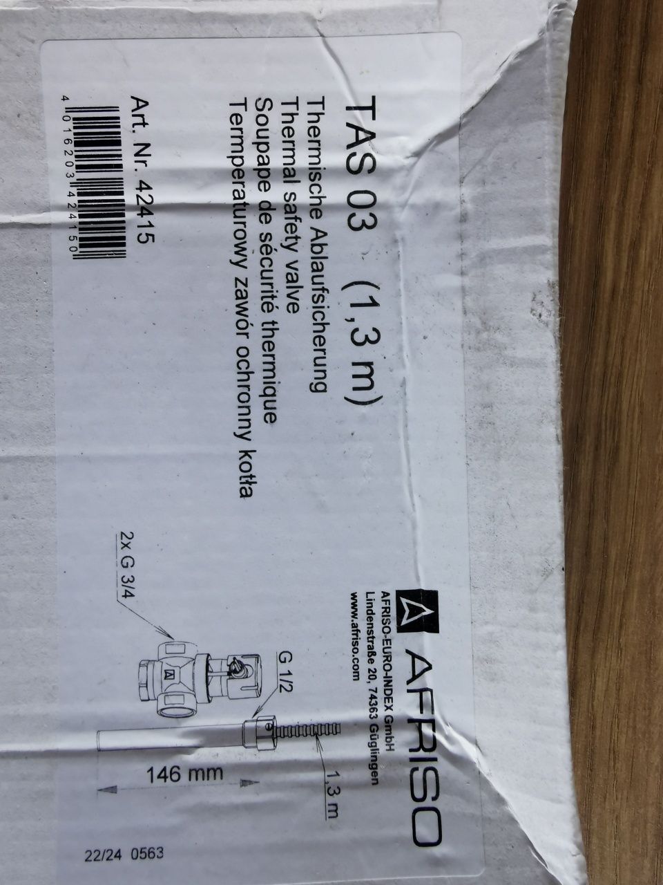 Afriso Temperaturowy zawór ochronny kotła TAS, G3/4 cala, kapilara 1,3