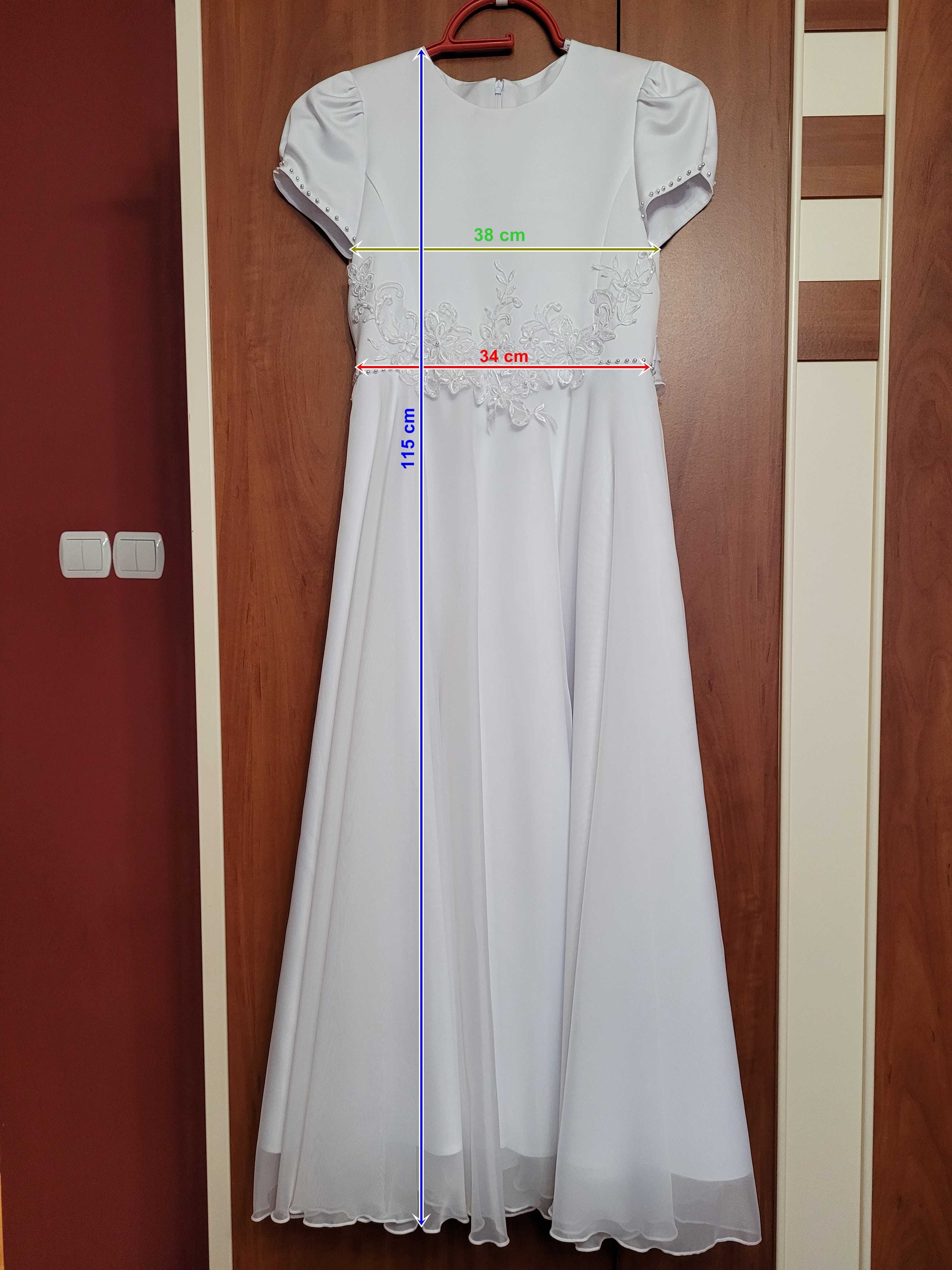 Sukienka komunijna szyta na miarę (ok. 146/152) + dodatki + buty
