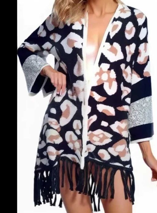 Kardigan- Dzikie frędzle w karmelowo czarnym wydaniu