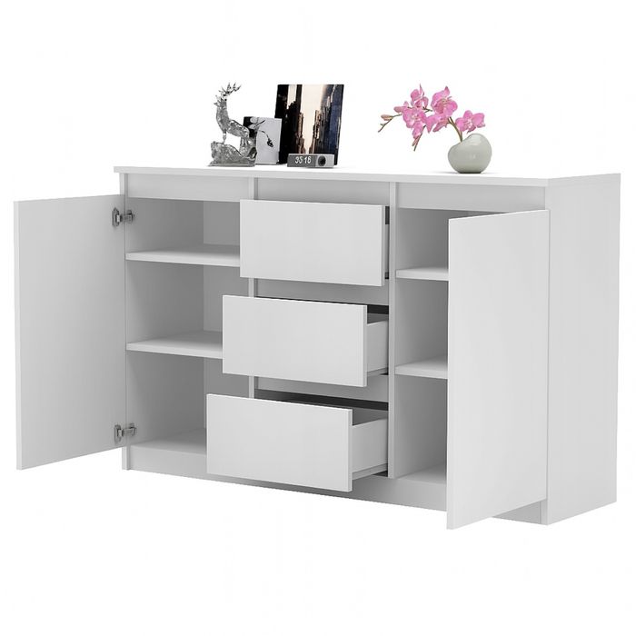 Nowoczesna biała komoda 120cm – 3 szuflady + półki