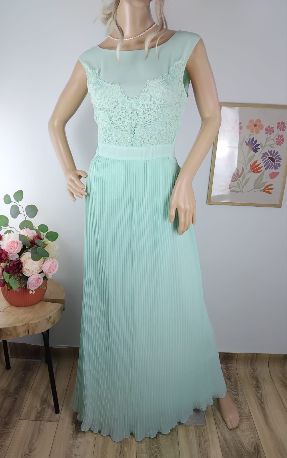 Długa sukienka plisowana koktajlowa elegancka koronkowa maxi suknia 36