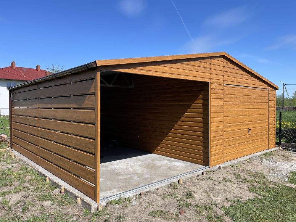 PRODUCENT. Garaż blaszany złoty dąb 4x6 + wiata 3x6