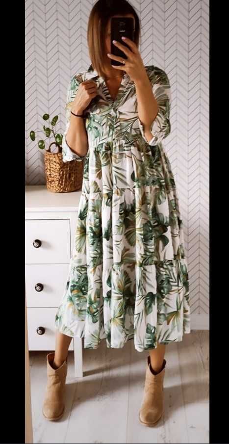 Reserved sliczna dluga maxi boho sukienka  w kwiaty L