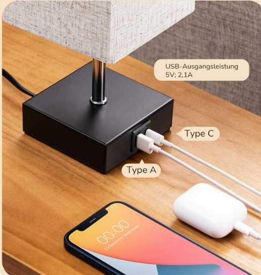 EDISHINE – 2 lampki nocne dotykowe z USB A + C, beżowy abażur