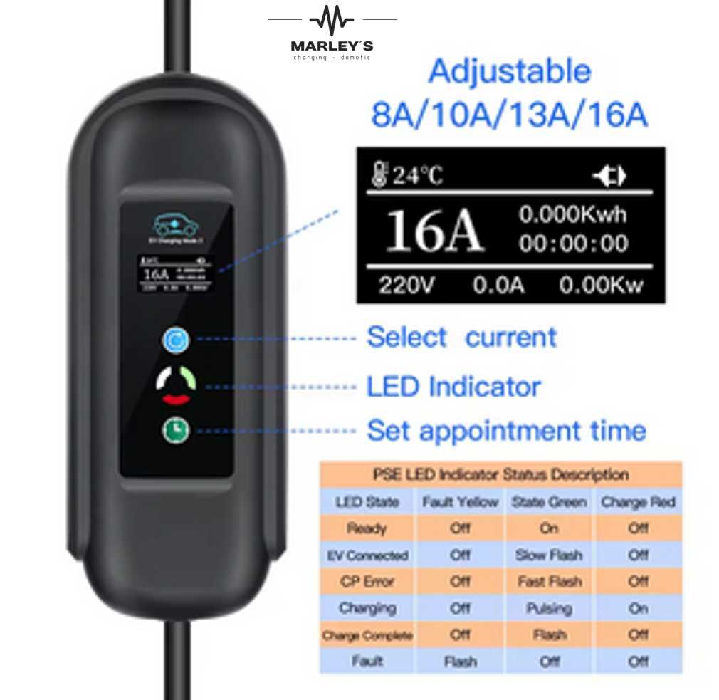 Carregador Portátil 11 kw - 16A -Tipo 2 - C/ Suporte Parede