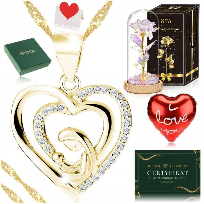 Złoty Naszyjnik Serce Srebro 925 + Róża Wieczna Led Na Urodziny Dla Ma