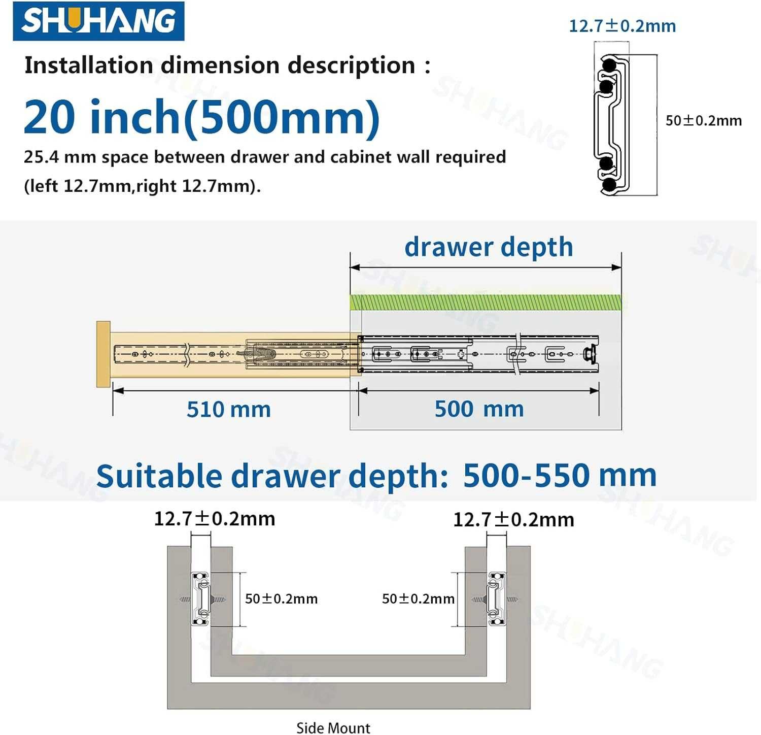 SHUHANG S51 Heavy Duty Drawer Runners 68 kg szary 500mm