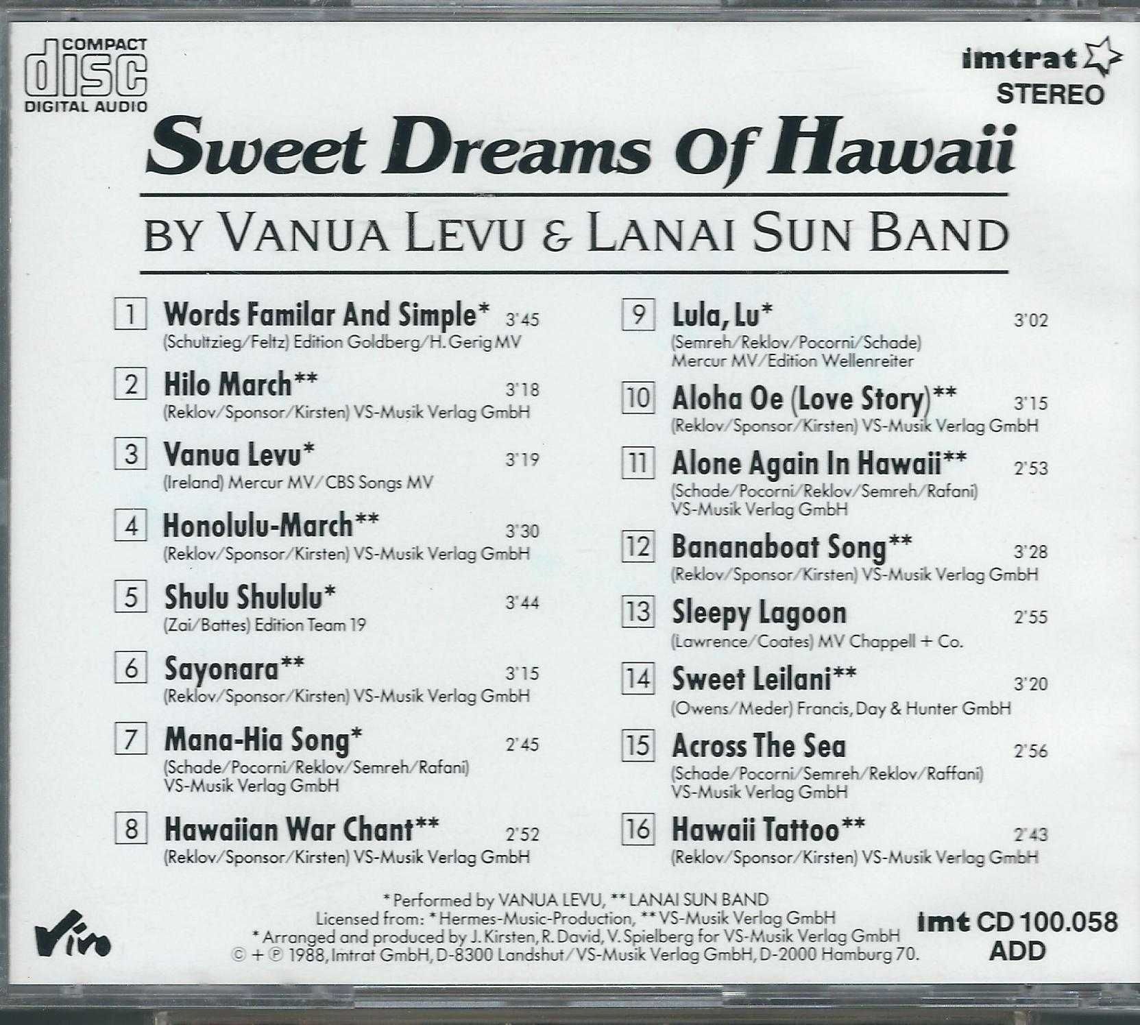 CD Vanua Levu & Lanai Sun Band - Sweet Dreams Of Hawaii (1988) (Vivo)