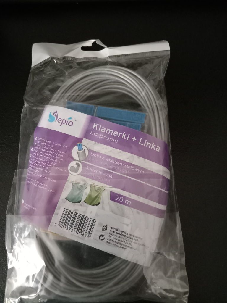 Linka 20 metrów na pranie plus klamerki w komplecie. Nowe. Mocna linka