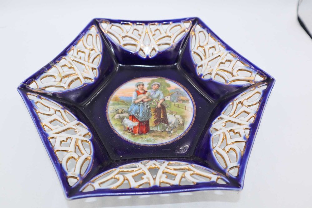 Patera ażurowa porcelana  KOBALT + ZŁOTO LS Cluj- Napoca. Romania LS