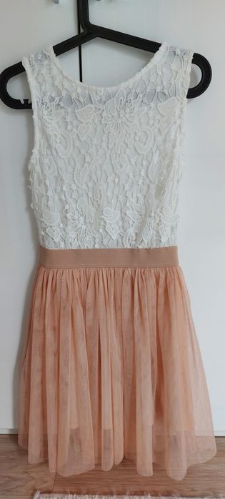 Sukienka bialo brzoskwiniowa, koronka, tiul, rozm S, wesele chrzciny