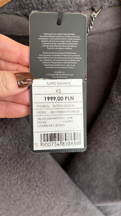 Futro Ochnik 100% wełna z obszyciem przy rękawach z naturalnego jenota