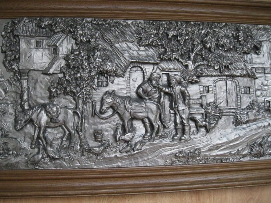 Obraz, cynowy relief, scenka rodzajowa przy młyńskim kole, super stan.
