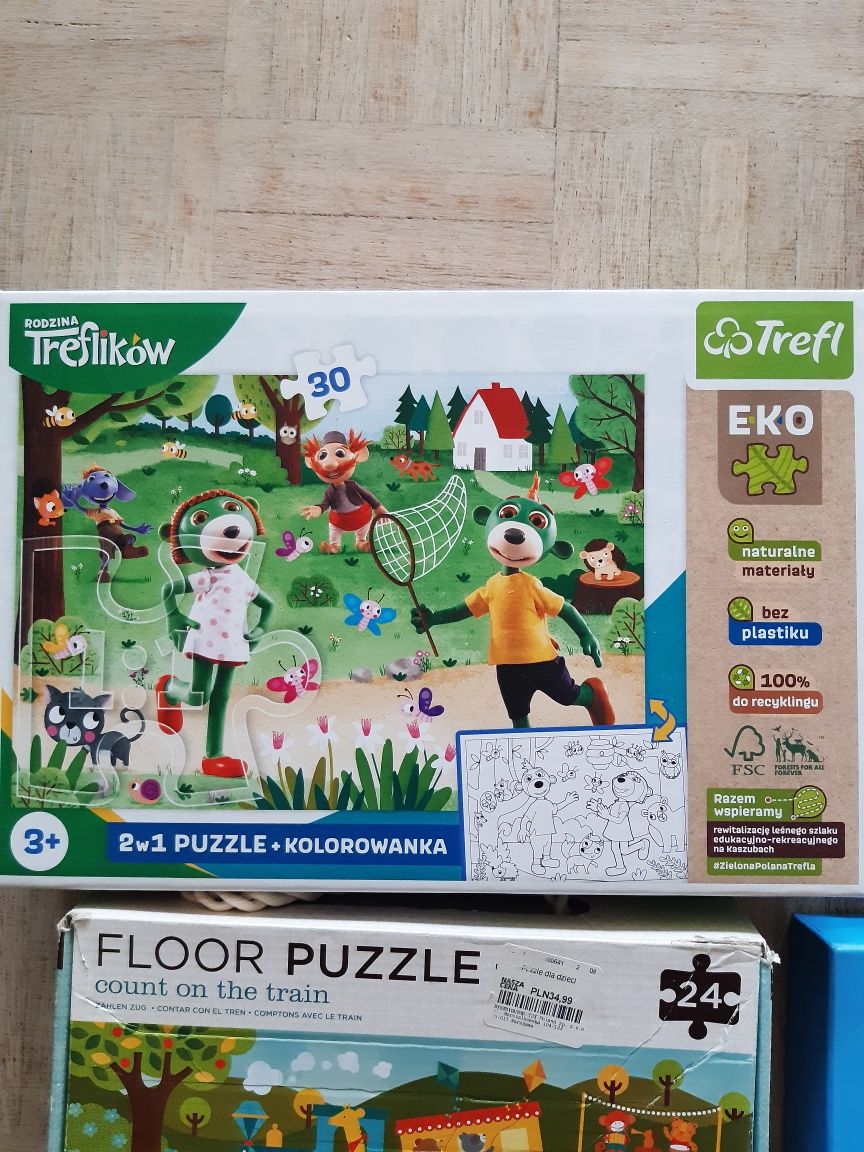 4 gry i puzzle rodzins Treflików puzzle podłogowe pociąg gra sensorycz