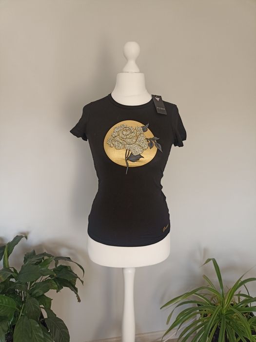 T-shirt czarny z różą roz.XS/S Guess
