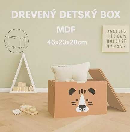 Drewniana skrzynia na zabawki dla dzieci z motywem tygrysa46×23×28 cm
