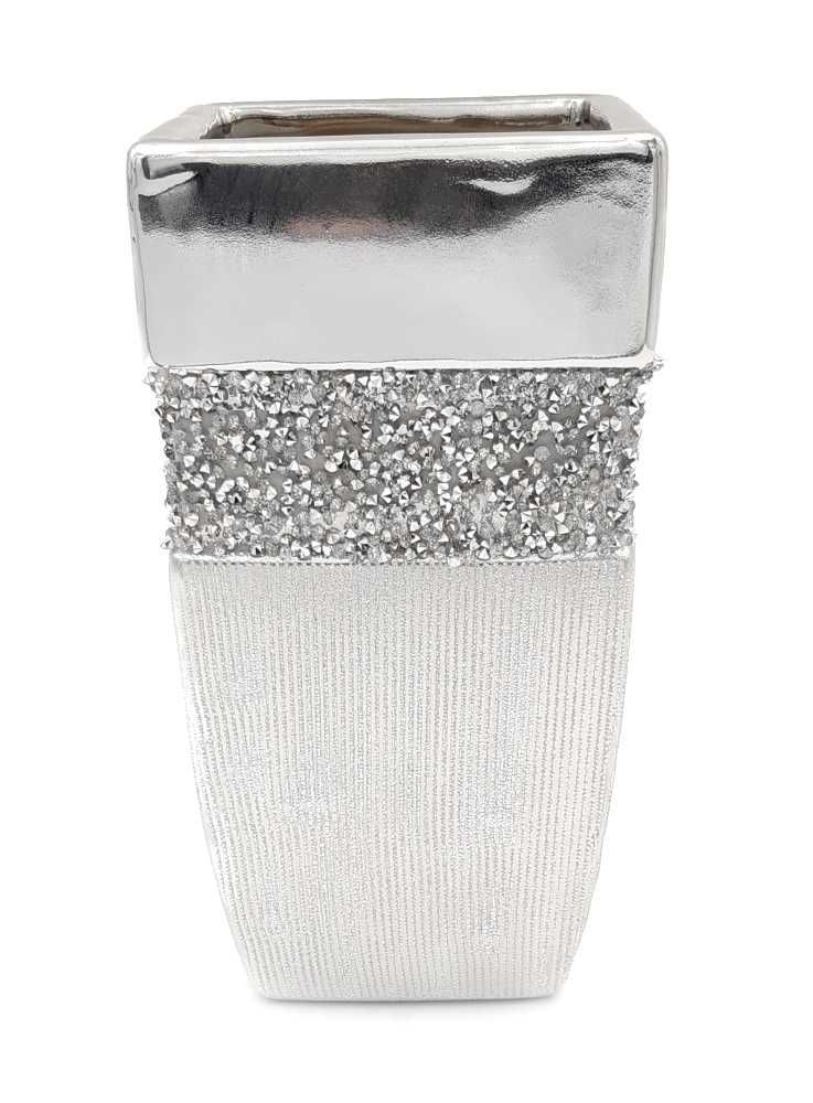 Wazon ceramiczny glamour kryształki cyrkonie dżety srebrny kwadratowy