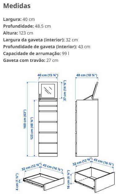 Cómoda Ikea Malm com 6 gavetas e espelho