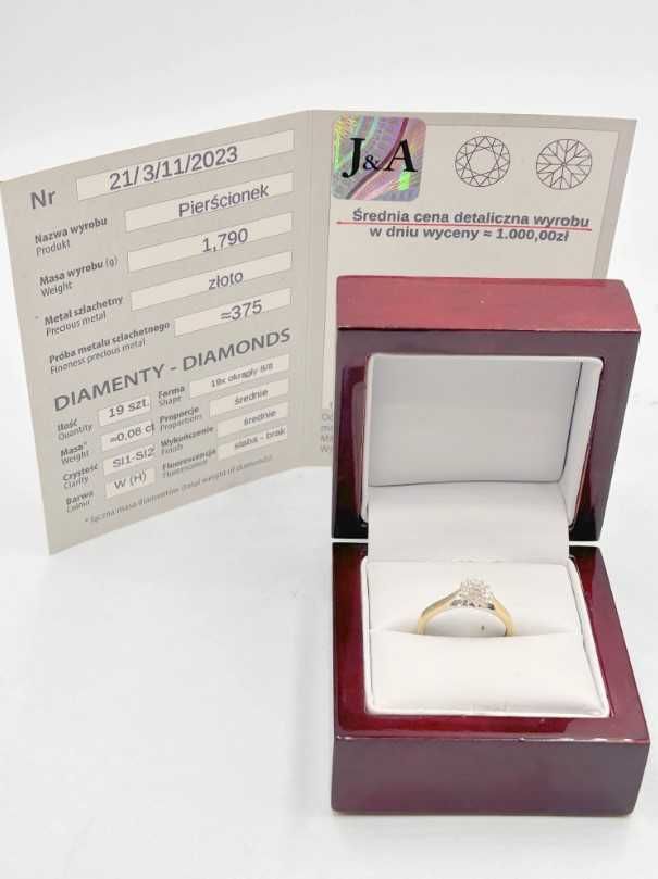 Złoty Pierścionek 375 Z DIAMENTAMI 0,08CT 1,79G r12 CERTYFIKAT