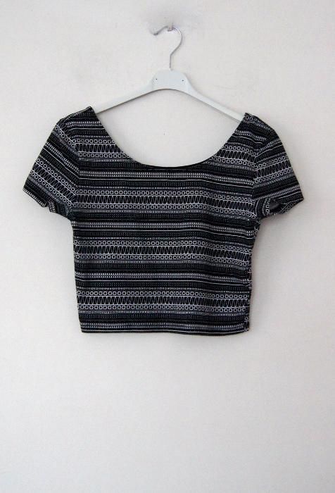 czarny aztecki crop top 38 M H&M w azteckie wzory 3/4 bluzka krotka 36