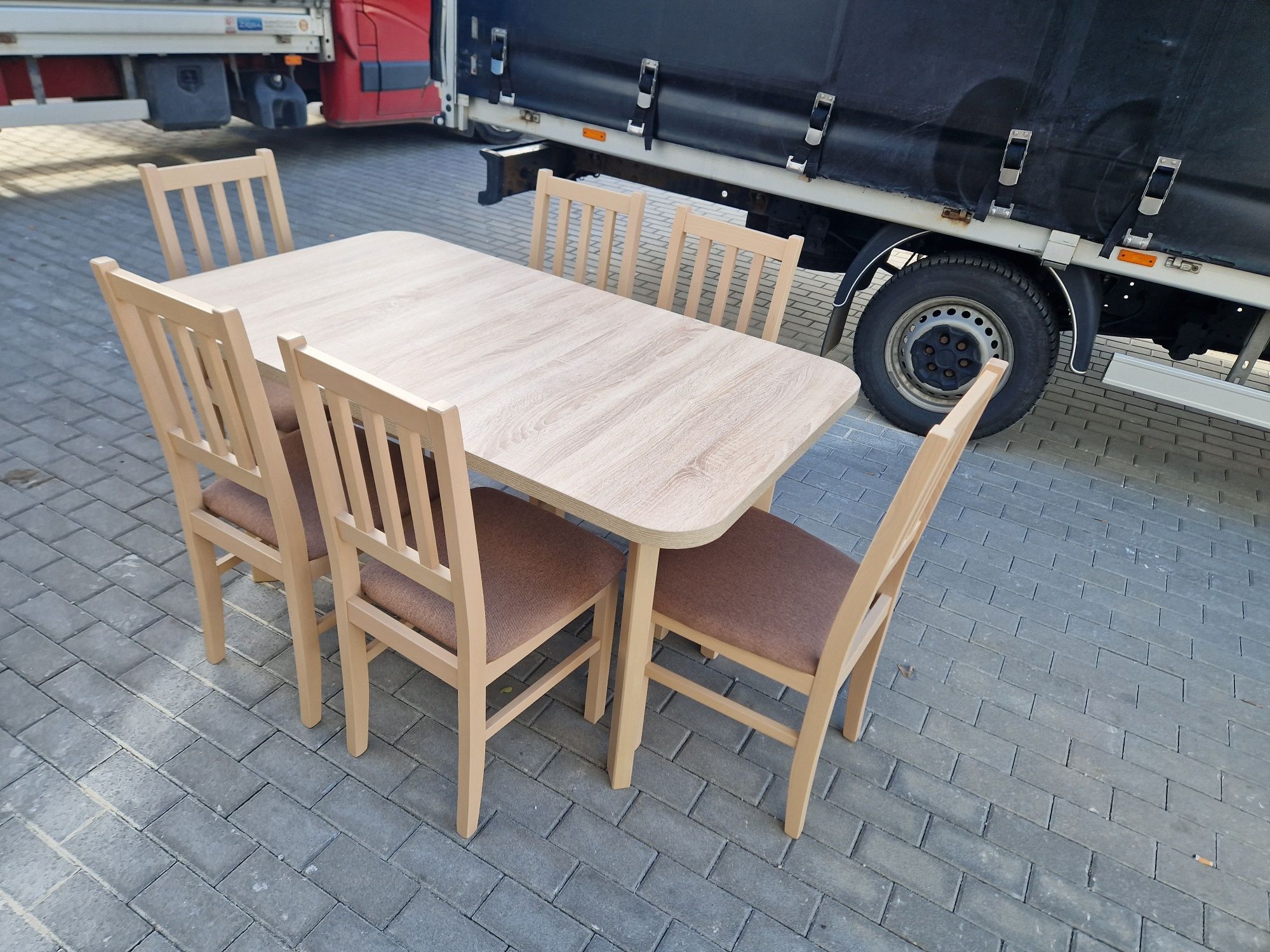Nowe : Stół i 6 krzeseł, sonoma + jasny brąz ( szczebelki) dostawa PL