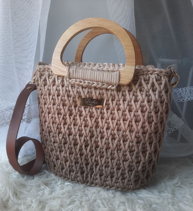 Torebka kuferek handmade drewniane uchwyty skóra ombre beż kawa GRATIS