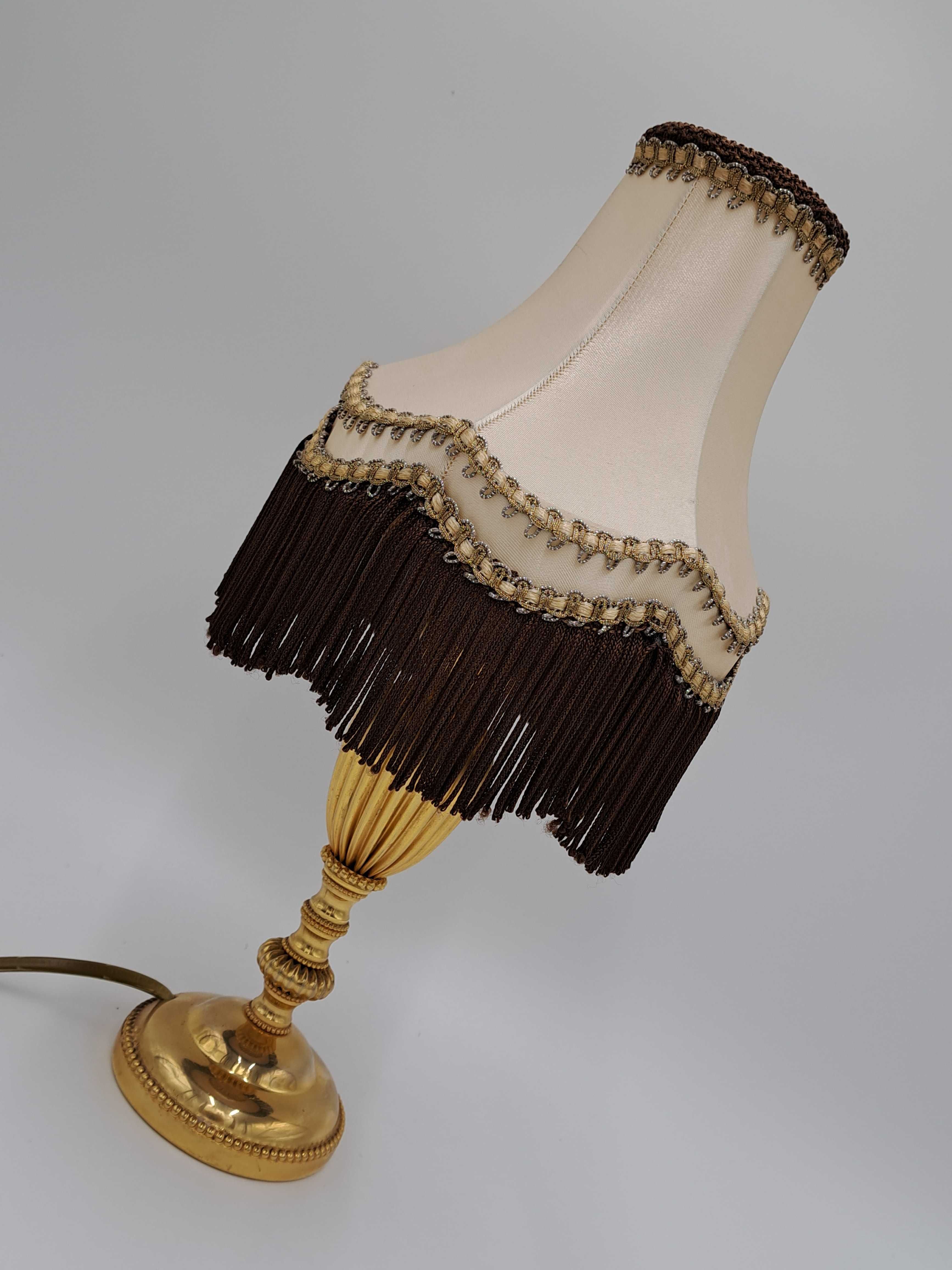 Zabytkowa lampa lampka stołowa nocna mosiężna złota z abażurem