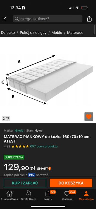 Materac piankowy do lozka 160x70 cm