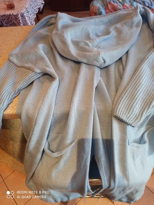 Super kardigan, błękitny z kapturem, oversize xl/xxl